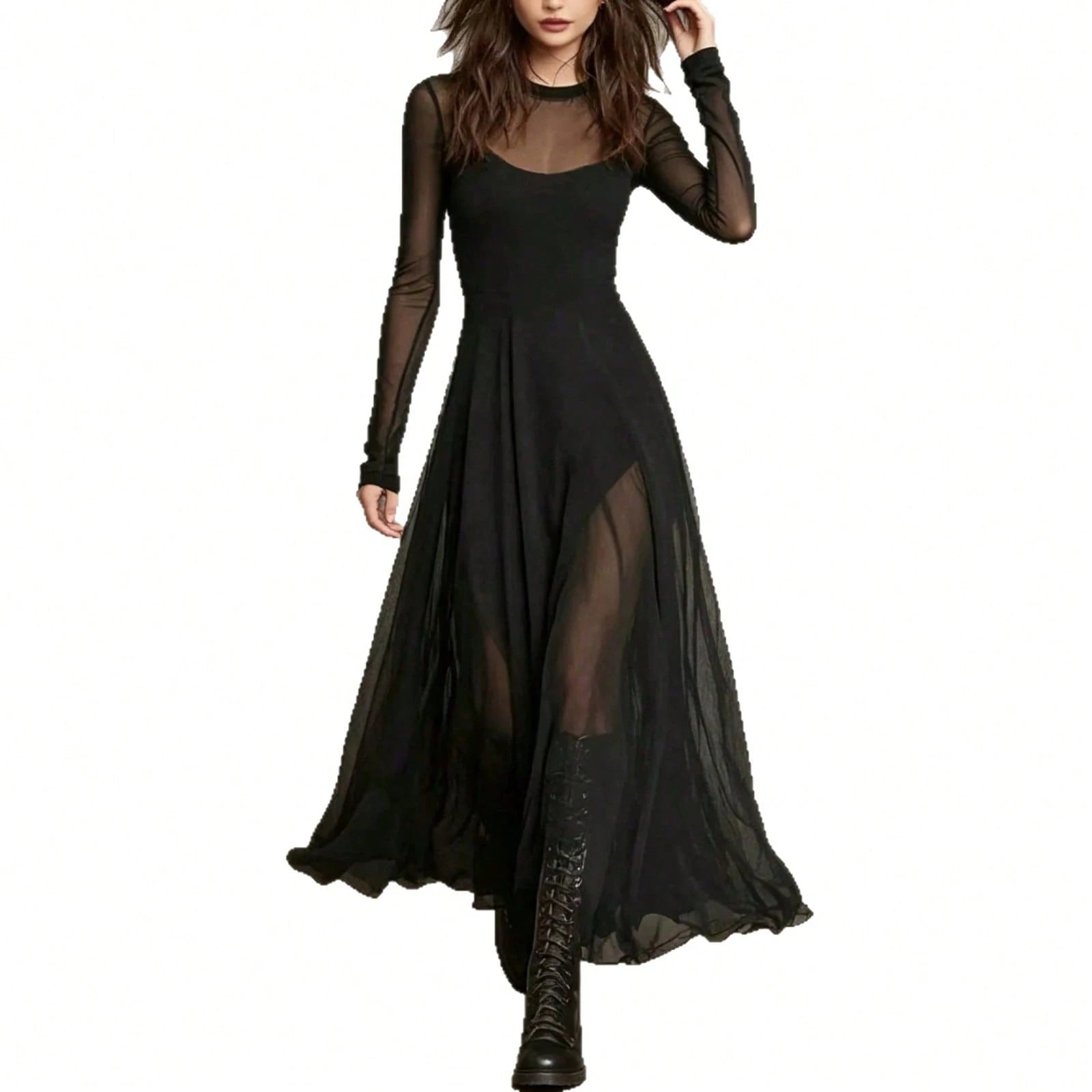 Elegant 2 Piece Sheer Mesh Long Sleeve Maxi Dress, Flowy See Through A-Line Sweetheart Neck Party Evening - image 2