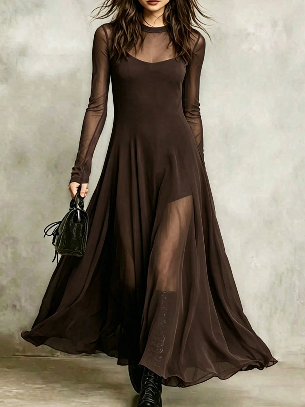 Elegant 2 Piece Sheer Mesh Long Sleeve Maxi Dress, Flowy See Through
