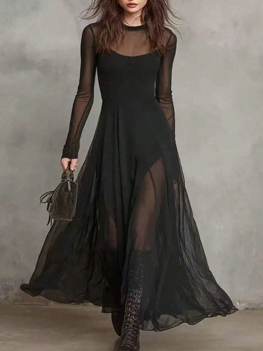 Elegant 2 Piece Sheer Mesh Long Sleeve Maxi Dress, Flowy See Through