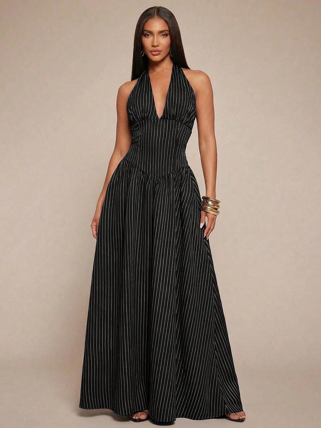 Radiana Elegant Sexy Summer Navy Blue Halter Neck Maxi Dress,Flowy