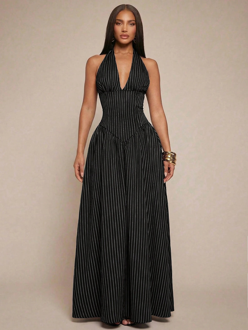 Radiana Elegant Sexy Summer Navy Blue Halter Neck Maxi Dress,Flowy