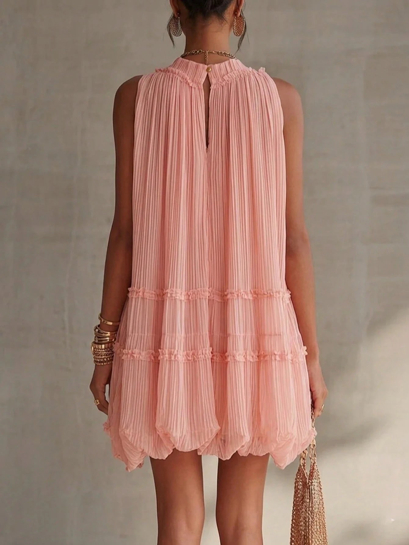 Sleeveless Pleated A-Line Babydoll Short Dress, Loose-Fitting, Large