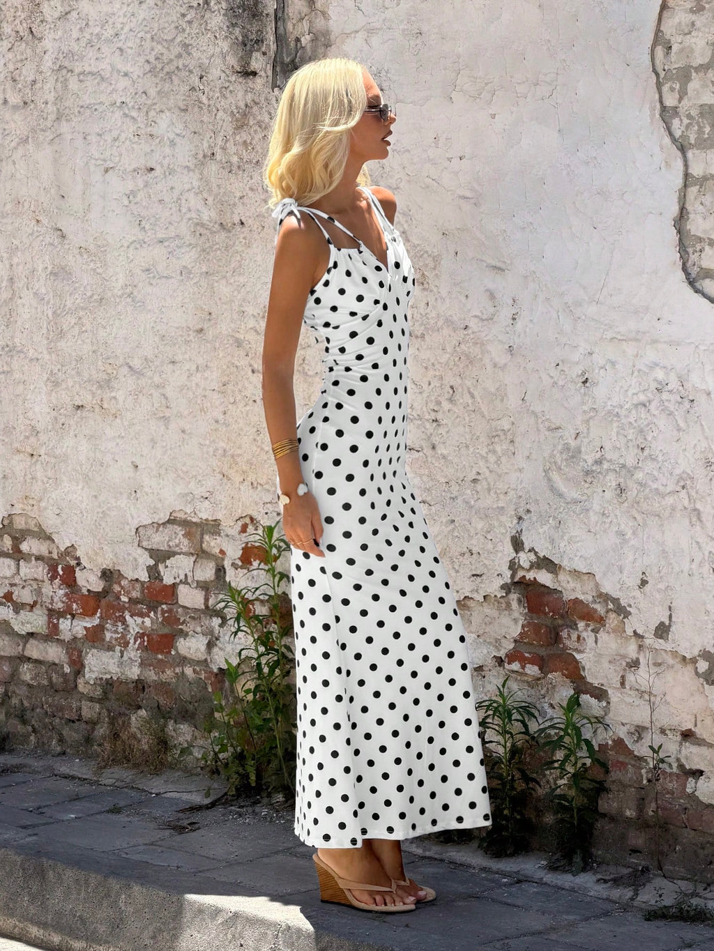 Rafferiza Women's Contrast Color Polka Dot Print Spaghetti Strap Dress