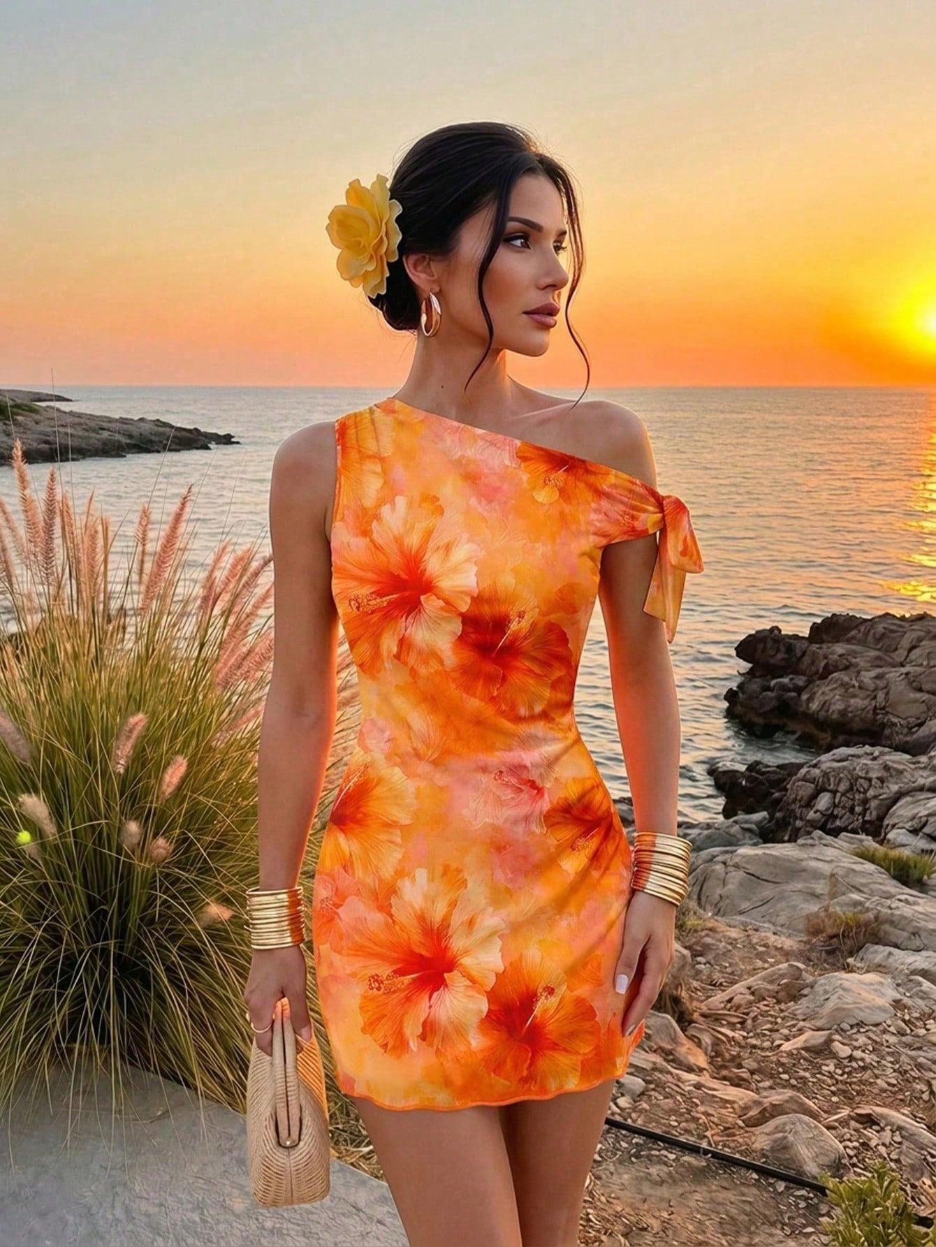 Firerie Women's Orange Red Floral Mesh Mini