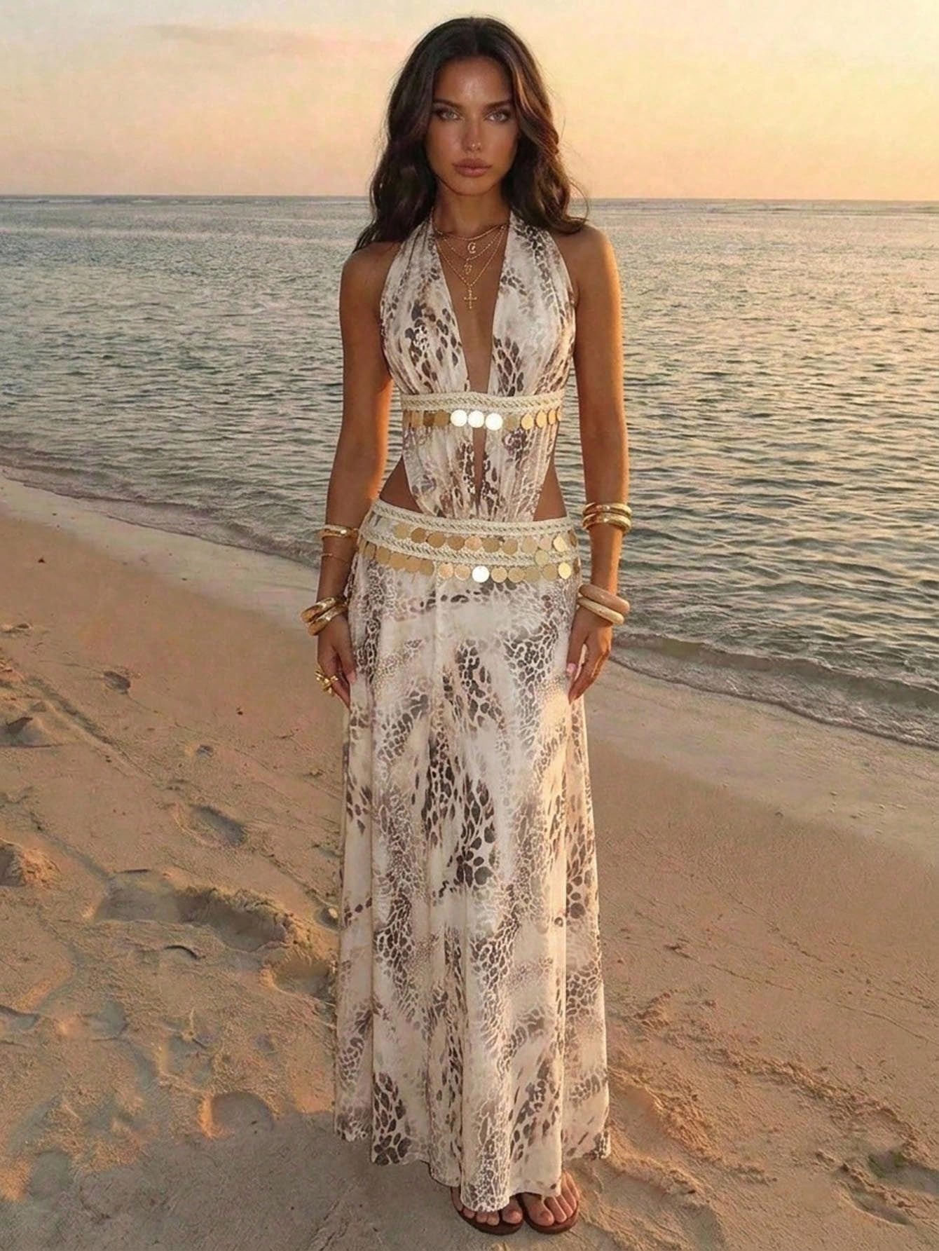 Aloruh White Mesh Knit Elegant Boho Vacation Sexy Halter Neck Dress