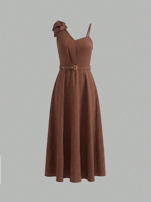 ANCHOSE Women's Elegant Burgundy Sleeveless Midi Dress, Bow Decor On Shoulder, Suitable For Cocktail Party / - image 2