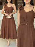 ANCHOSE Women's Elegant Burgundy Sleeveless Midi Dress, Bow Decor On