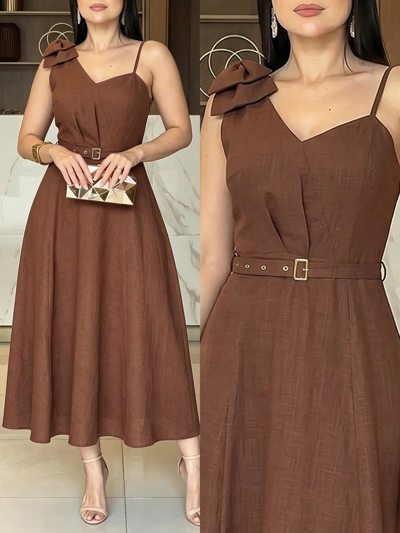 ANCHOSE Women's Elegant Burgundy Sleeveless Midi Dress, Bow Decor On