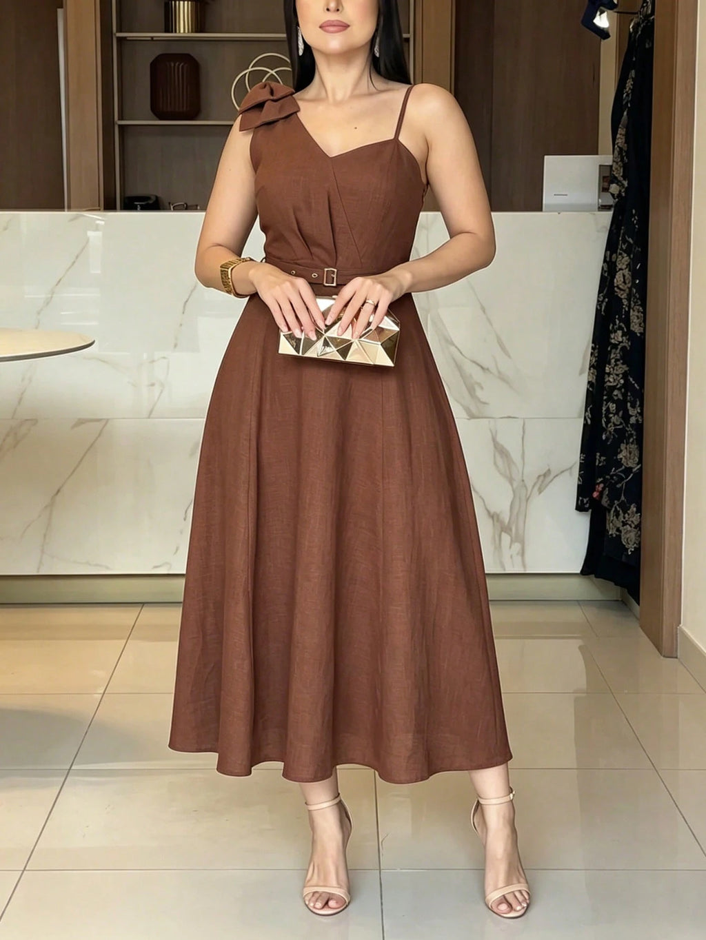 ANCHOSE Women's Elegant Burgundy Sleeveless Midi Dress, Bow Decor On