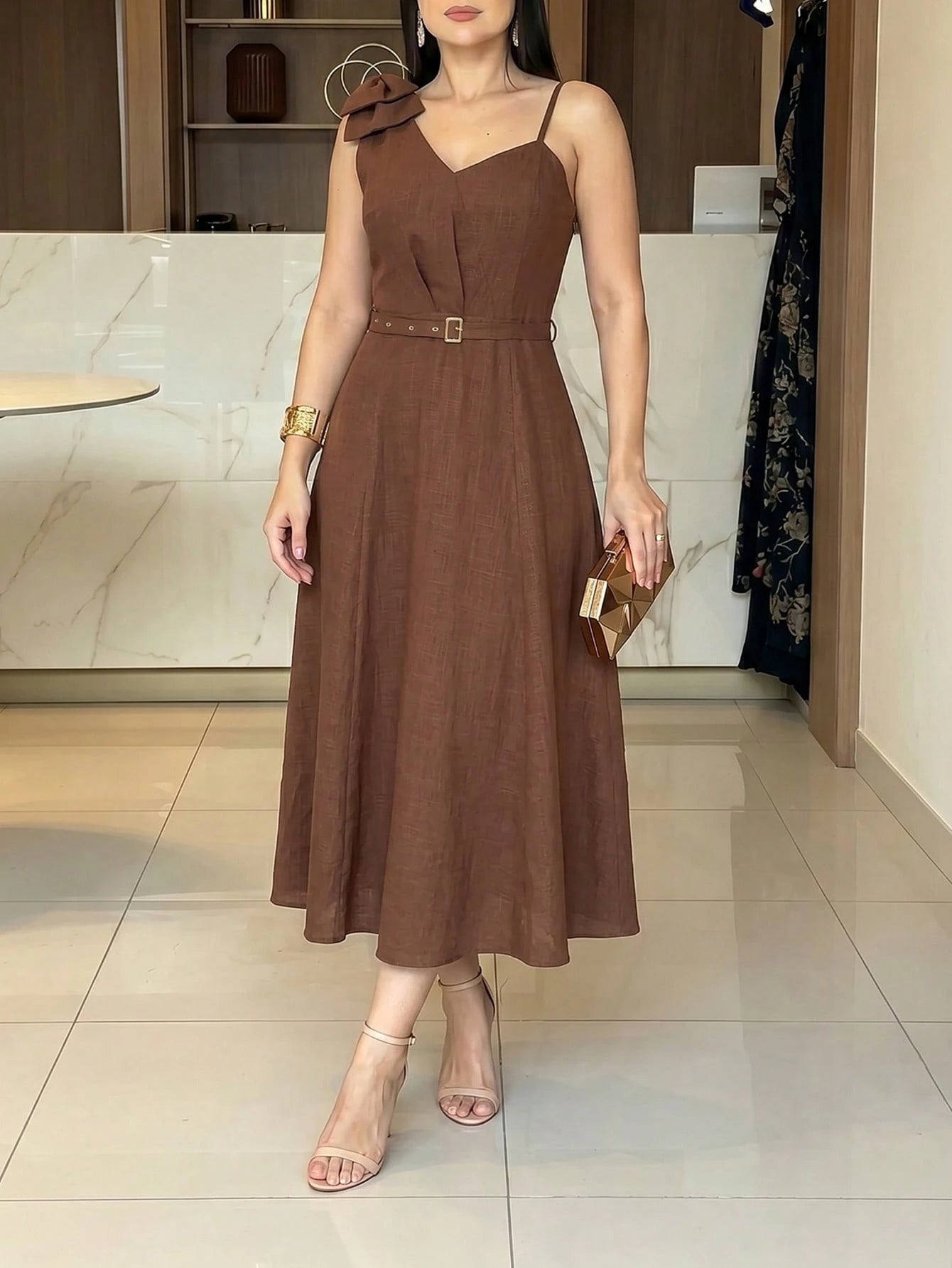 ANCHOSE Women's Elegant Burgundy Sleeveless Midi Dress, Bow Decor On Shoulder, Suitable For Cocktail Party / - image 5