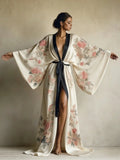 Women'S Elegant Kimono-Style Long Robe Dress, Japanese Floral Print,