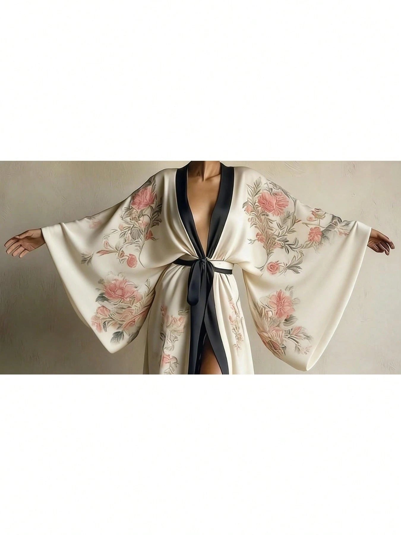Women'S Elegant Kimono-Style Long Robe Dress, Japanese Floral Print,