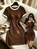 Selianne Gentle Elegant Brown Color Block Round Neck Short Sleeve