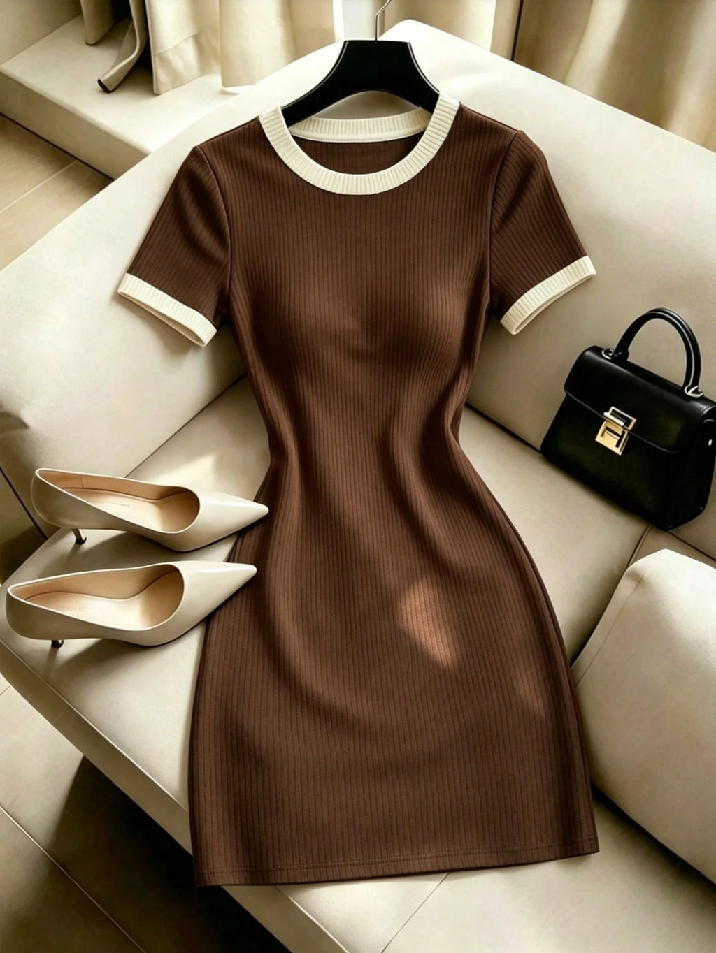 Selianne Gentle Elegant Brown Color Block Round Neck Short Sleeve