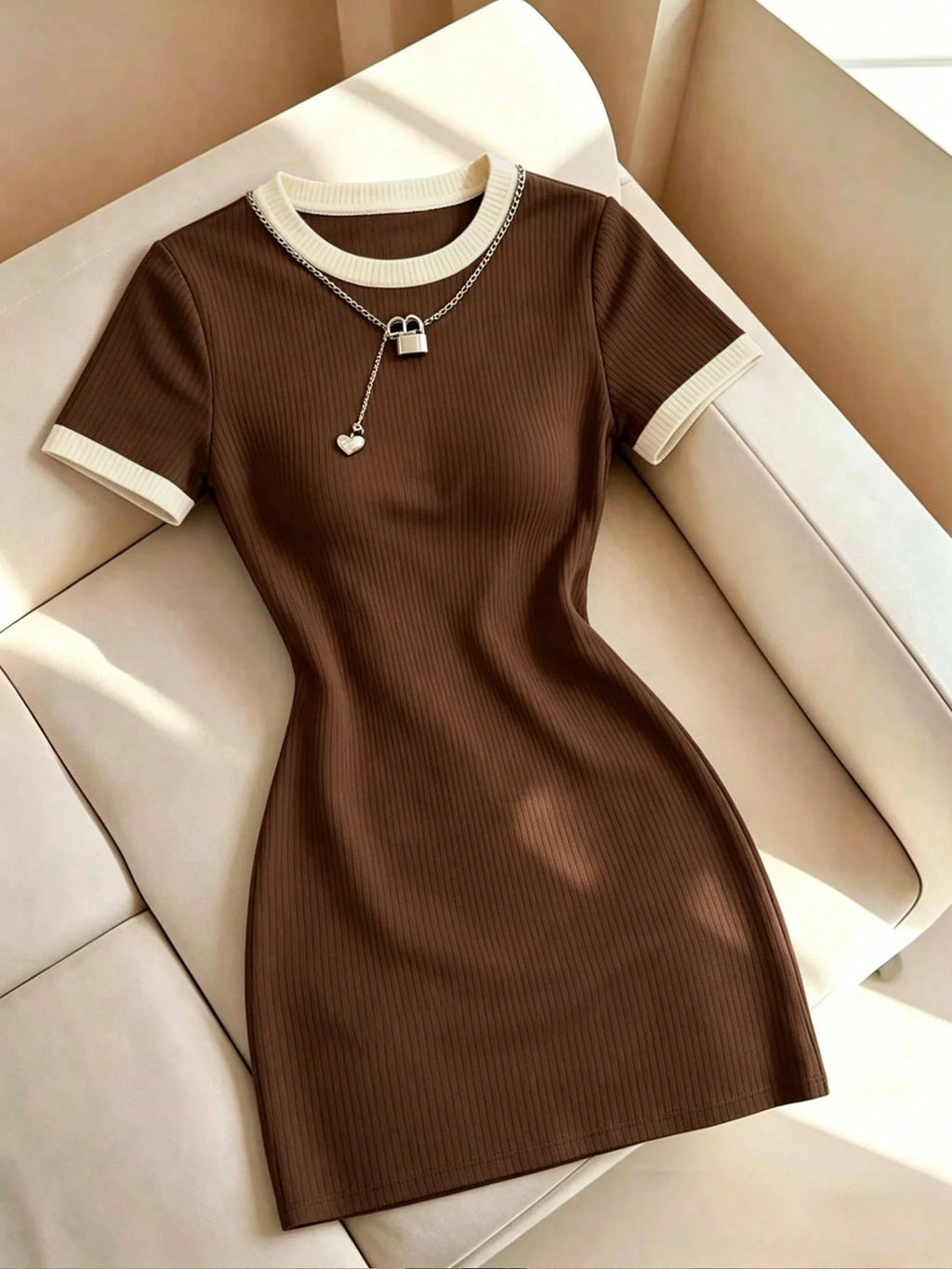Selianne Gentle Elegant Brown Color Block Round Neck Short Sleeve