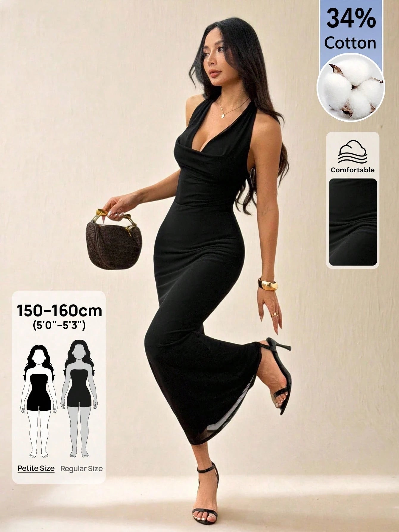 PETITE Women's Elegant Black Summer Bodycon Maxi Dress,Mesh Halter