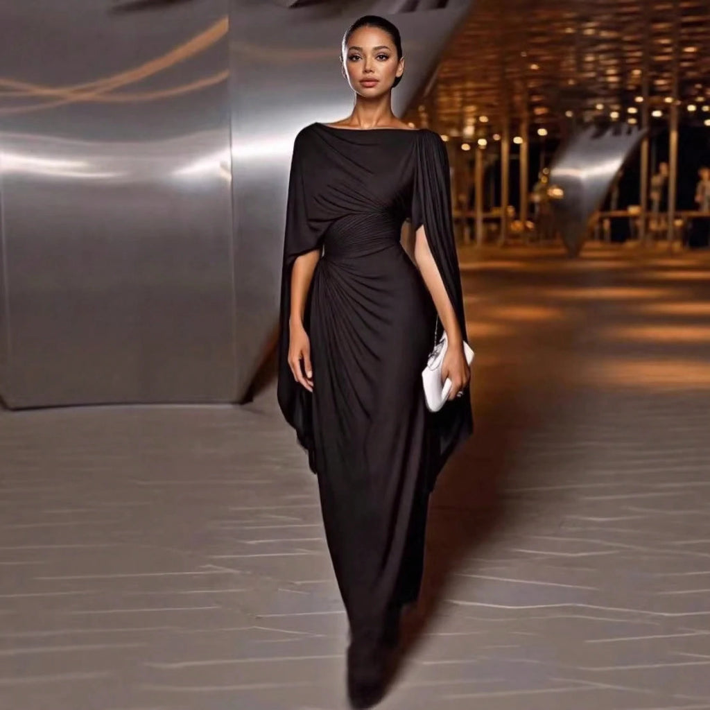 Women's Black Cape Sleeve Mermaid Maxi Gown, Off Shoulder Draped Cowl