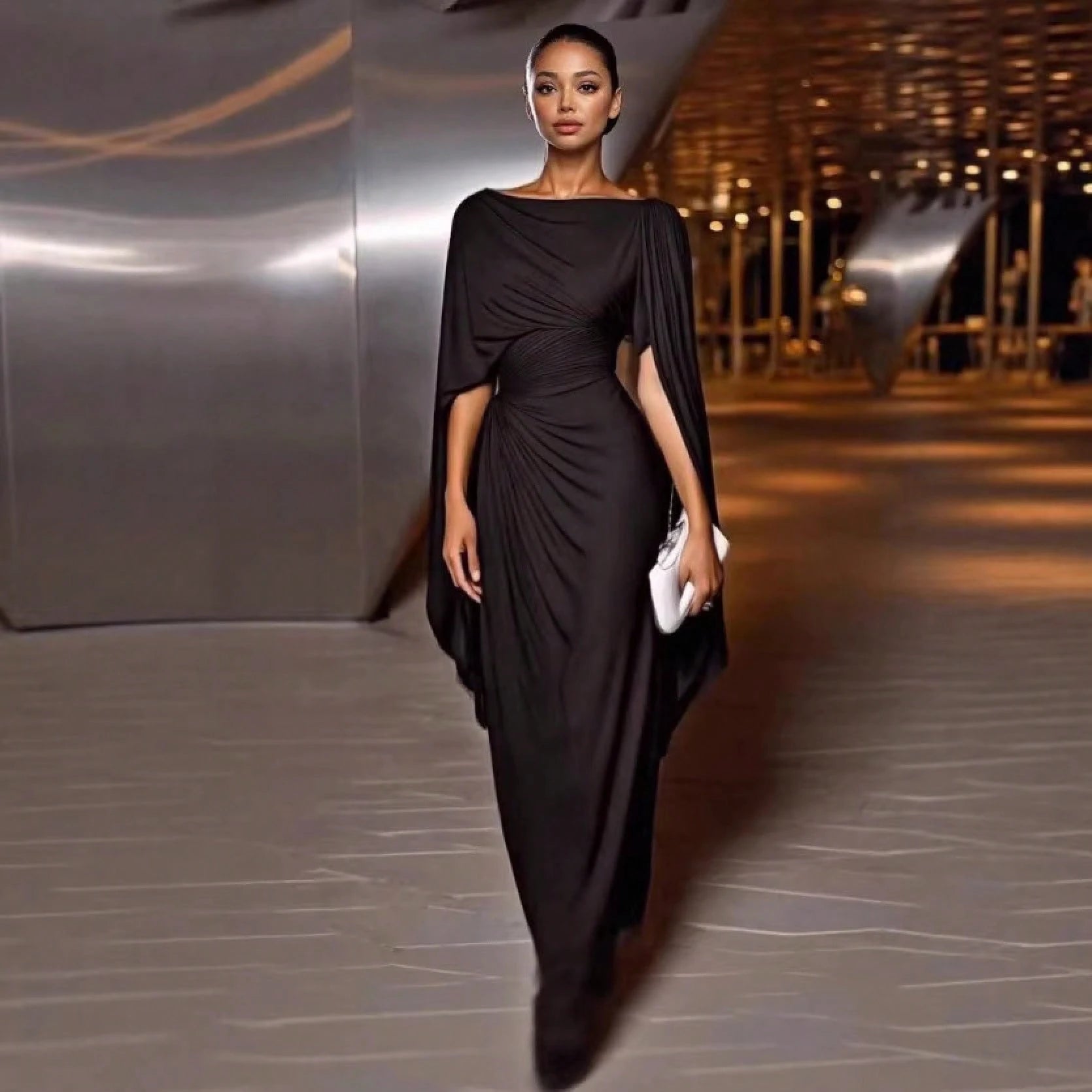Women's Black Cape Sleeve Mermaid Maxi Gown, Off Shoulder Draped Cowl