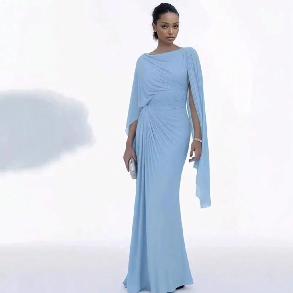 Women's Black Cape Sleeve Mermaid Maxi Gown, Off Shoulder Draped Cowl