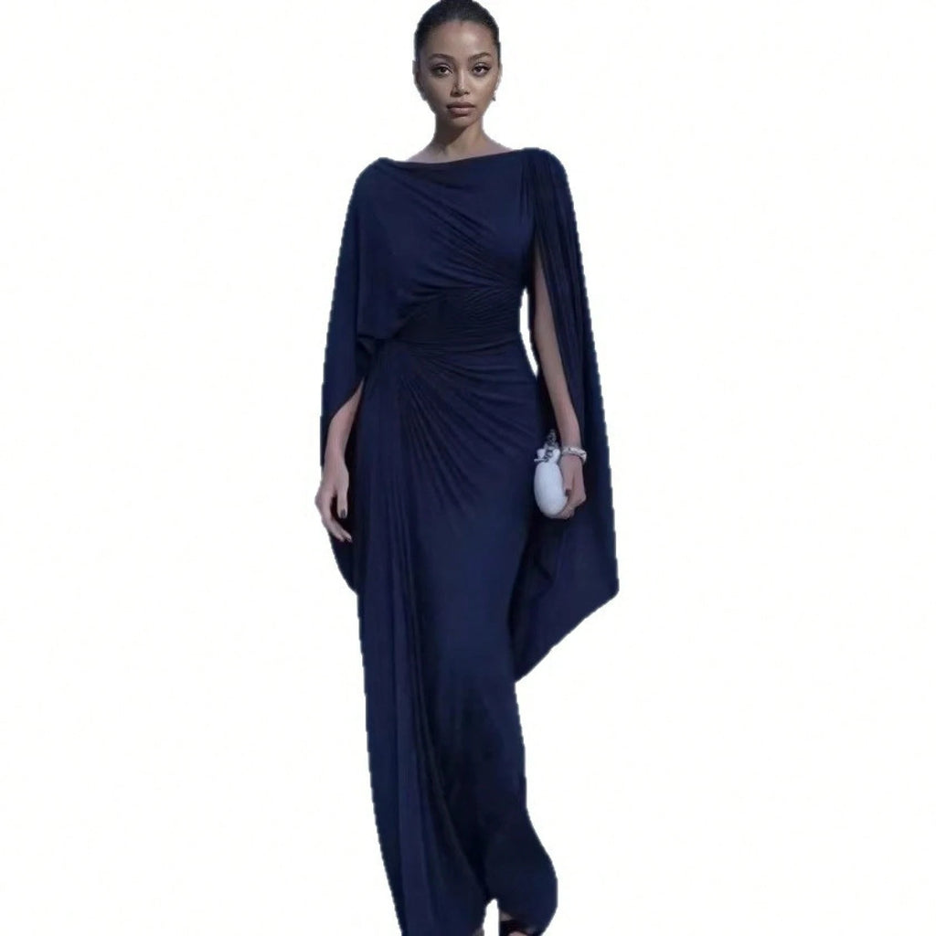 Women's Black Cape Sleeve Mermaid Maxi Gown, Off Shoulder Draped Cowl