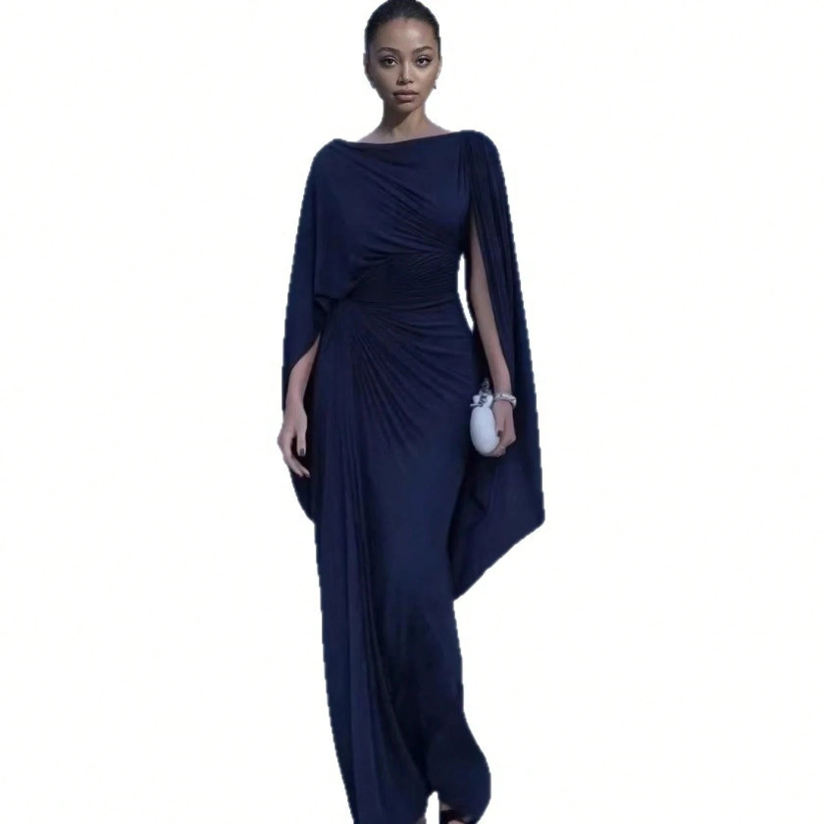 Women's Black Cape Sleeve Mermaid Maxi Gown, Off Shoulder Draped Cowl