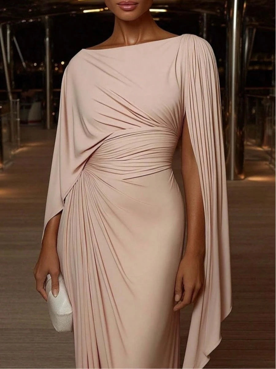 Women's Black Cape Sleeve Mermaid Maxi Gown, Off Shoulder Draped Cowl