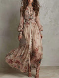 Women's Dusty Pink Floral Chiffon Maxi Dress, High Neck Balloon Long