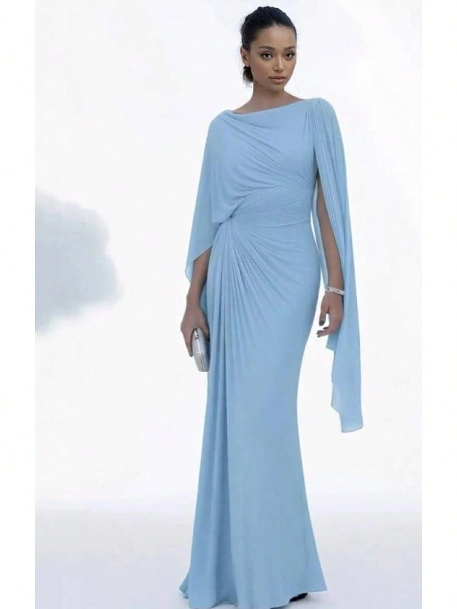 Women's Black Cape Sleeve Mermaid Maxi Gown, Off Shoulder Draped Cowl