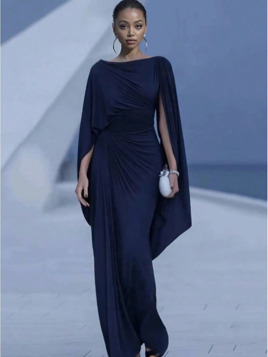 Women's Black Cape Sleeve Mermaid Maxi Gown, Off Shoulder Draped Cowl