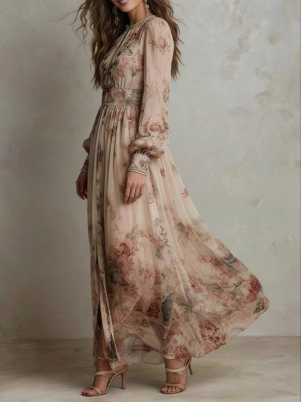 Women's Dusty Pink Floral Chiffon Maxi Dress, High Neck Balloon Long