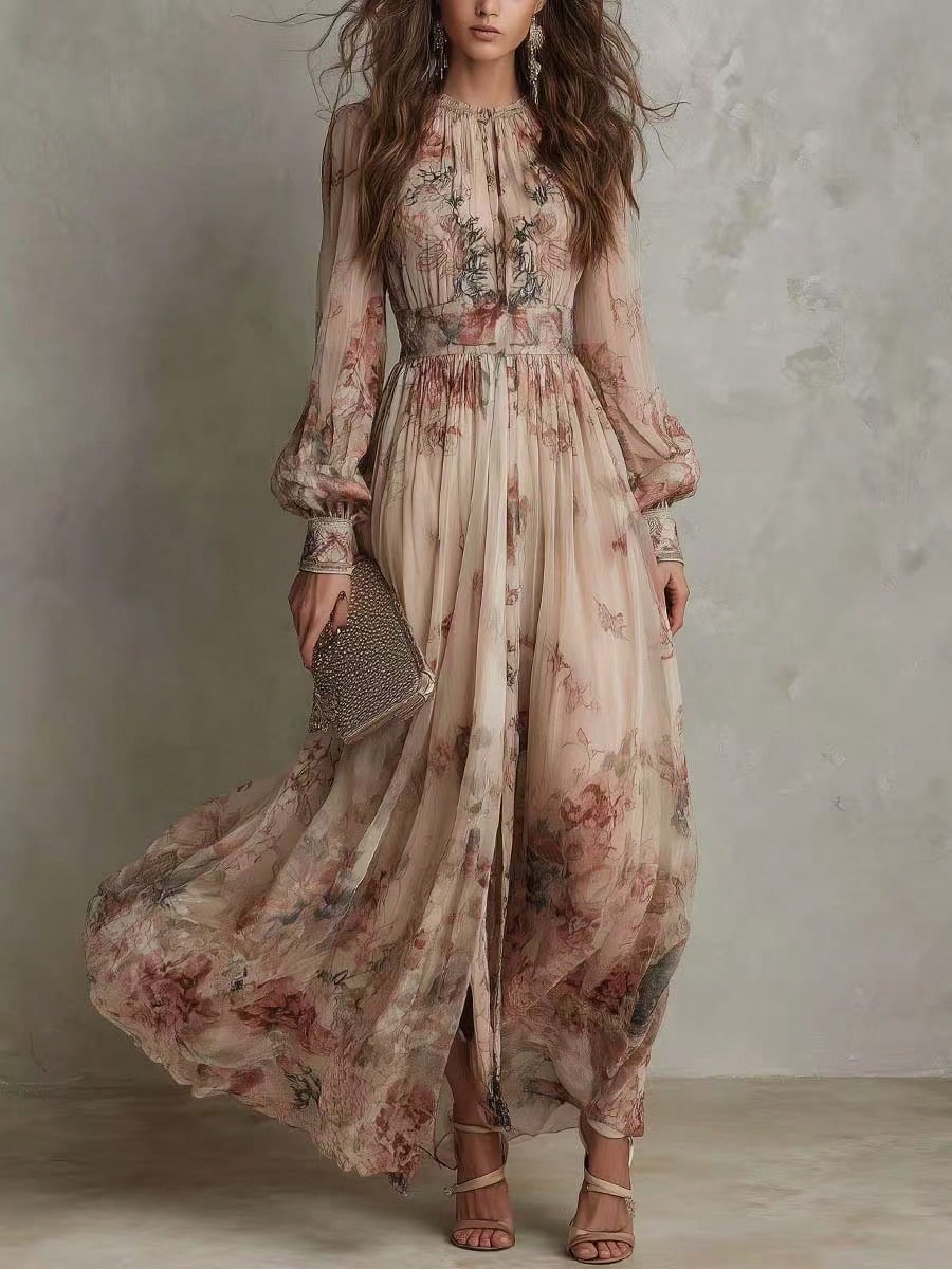 Women's Dusty Pink Floral Chiffon Maxi Dress, High Neck Balloon Long