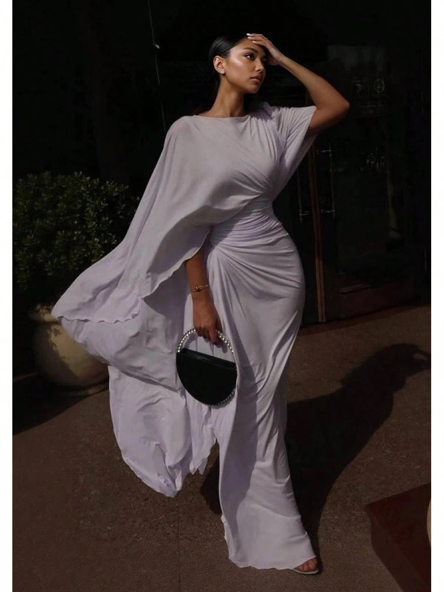 Women's Black Cape Sleeve Mermaid Maxi Gown, Off Shoulder Draped Cowl