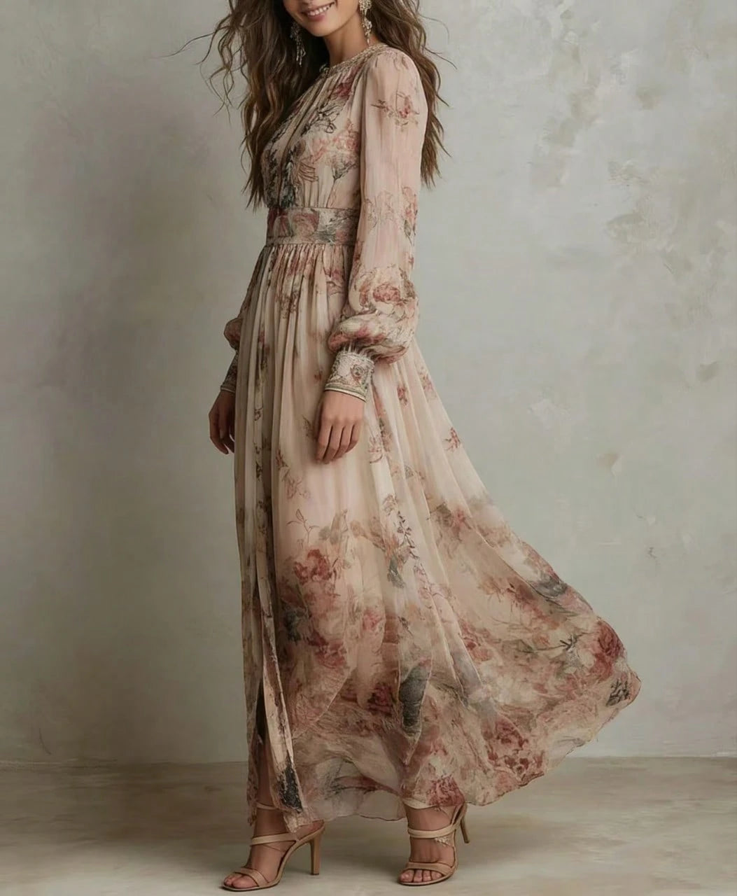 Women's Dusty Pink Floral Chiffon Maxi Dress, High Neck Balloon Long