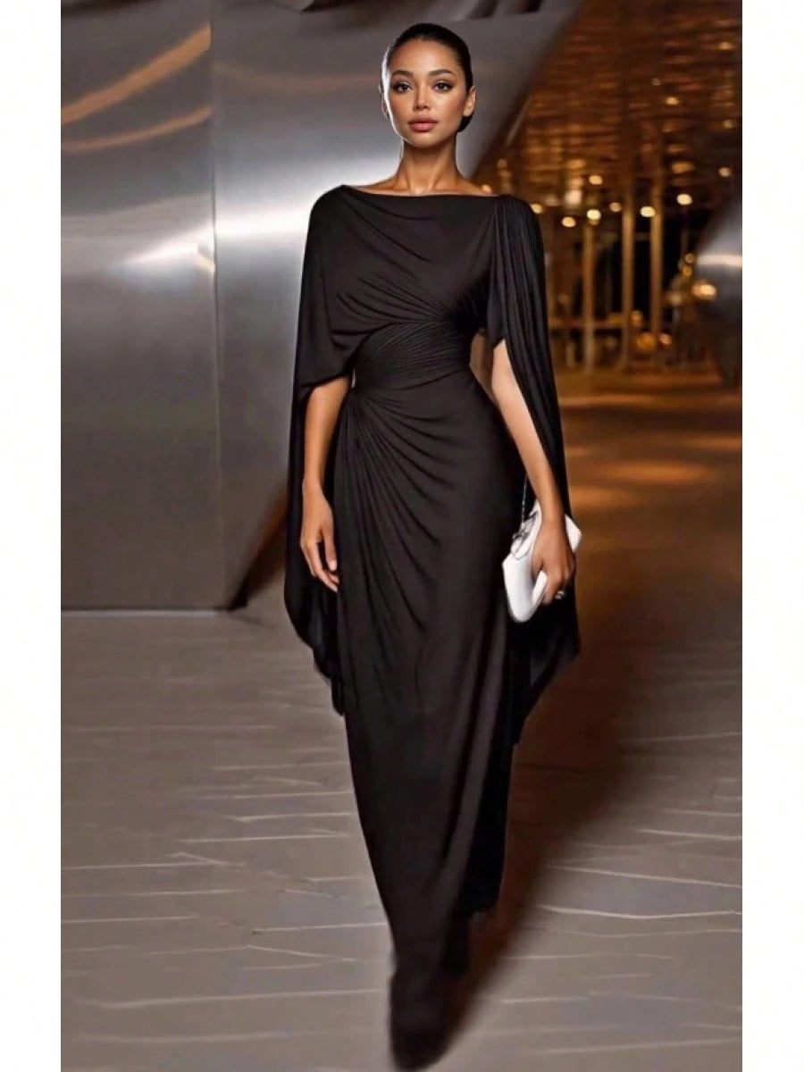 Women's Black Cape Sleeve Mermaid Maxi Gown, Off Shoulder Draped Cowl