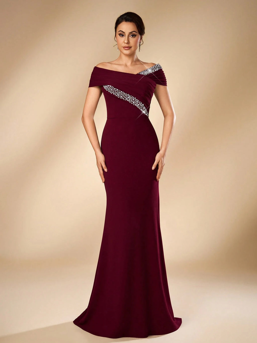 Serin Elegant Formal Burgundy Elastic Knit Off-Shoulder Asymmetrical Pleated Mermaid Bridal Mother Dress - image 2
