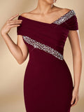 Serin Elegant Formal Burgundy Elastic Knit Off-Shoulder Asymmetrical Pleated Mermaid Bridal Mother Dress