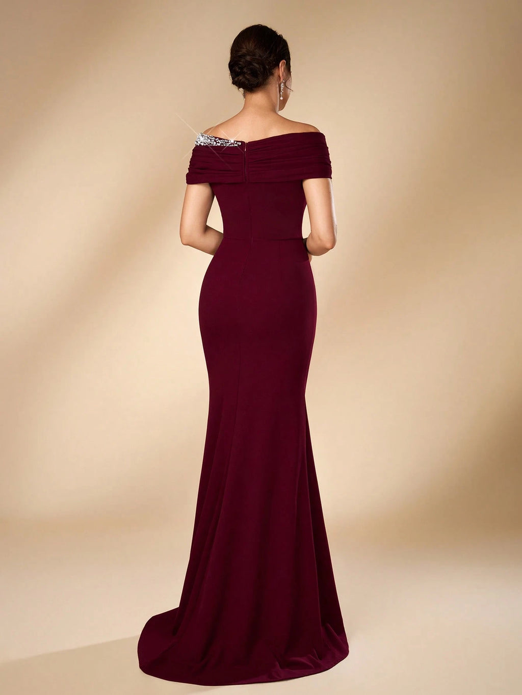 Serin Elegant Formal Burgundy Elastic Knit Off-Shoulder Asymmetrical Pleated Mermaid Bridal Mother Dress - image 3
