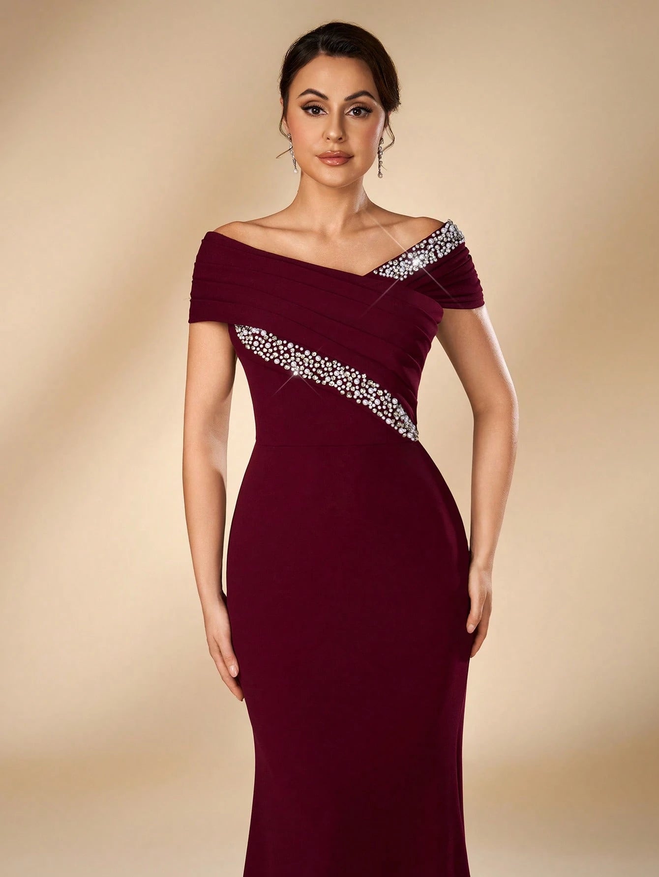Serin Elegant Formal Burgundy Elastic Knit Off-Shoulder Asymmetrical Pleated Mermaid Bridal Mother Dress - image 4
