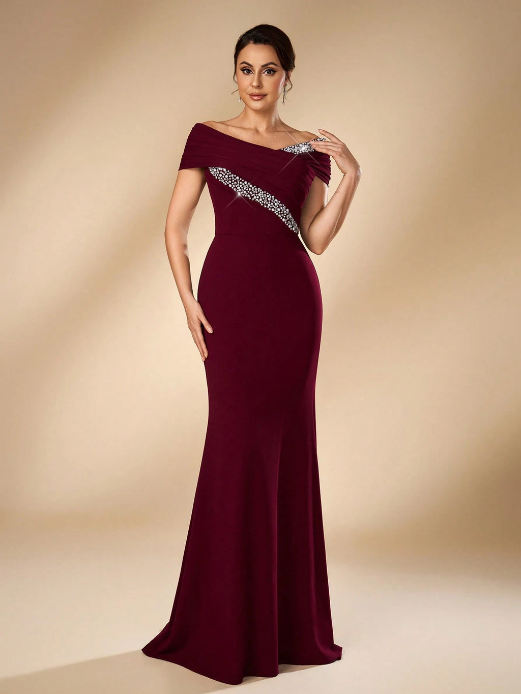 Serin Elegant Formal Burgundy Elastic Knit Off-Shoulder Asymmetrical Pleated Mermaid Bridal Mother Dress - image 5