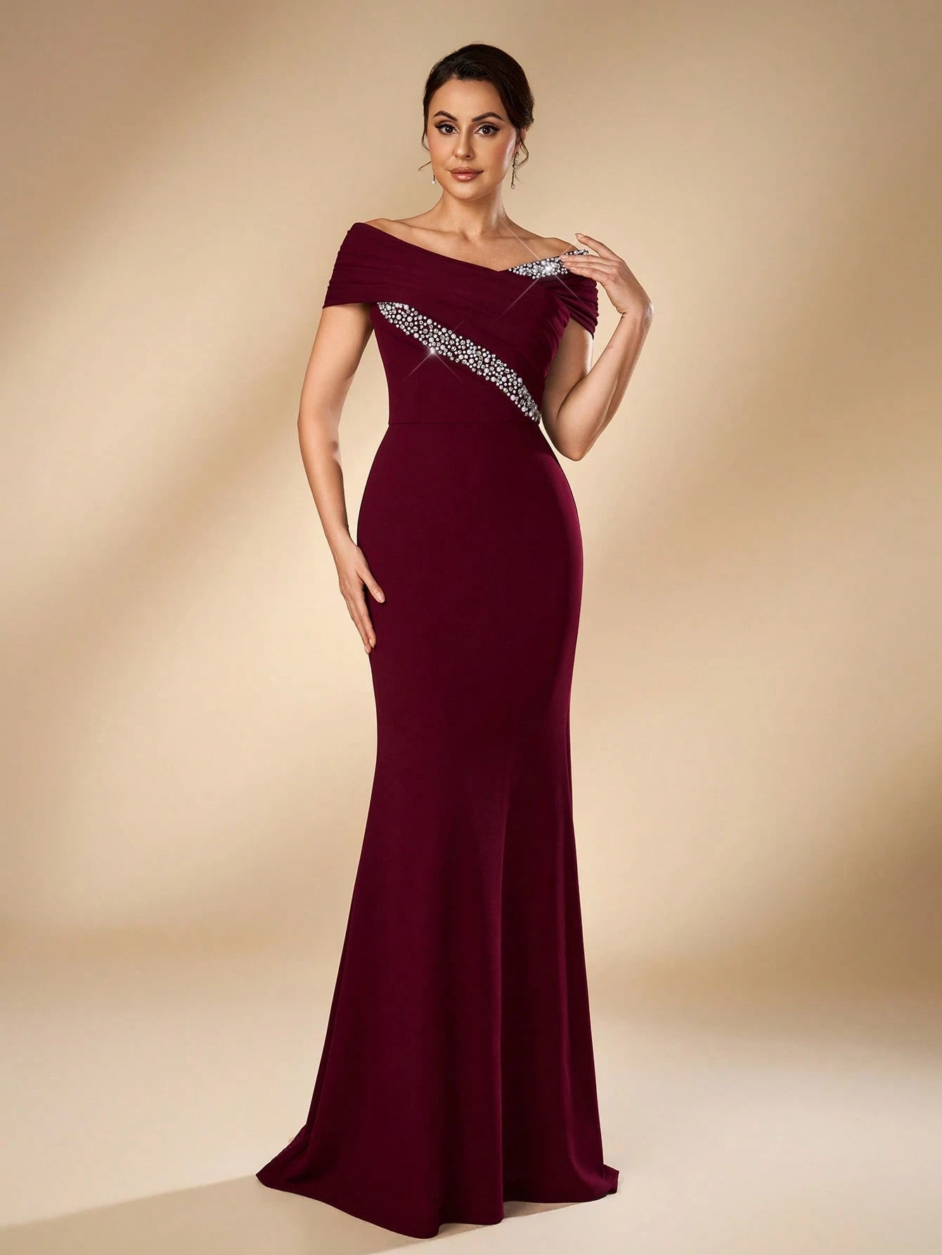 Serin Elegant Formal Burgundy Elastic Knit Off-Shoulder Asymmetrical Pleated Mermaid Bridal Mother Dress - image 5
