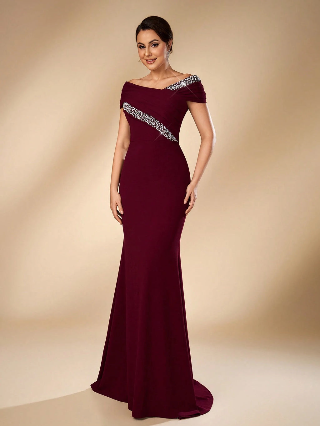 Serin Elegant Formal Burgundy Elastic Knit Off-Shoulder Asymmetrical Pleated Mermaid Bridal Mother Dress - image 6