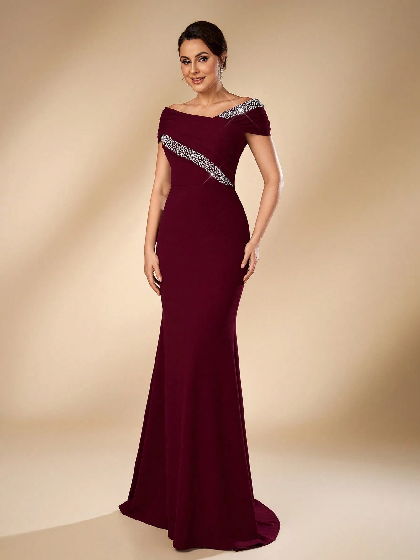 Serin Elegant Formal Burgundy Elastic Knit Off-Shoulder Asymmetrical Pleated Mermaid Bridal Mother Dress - image 6