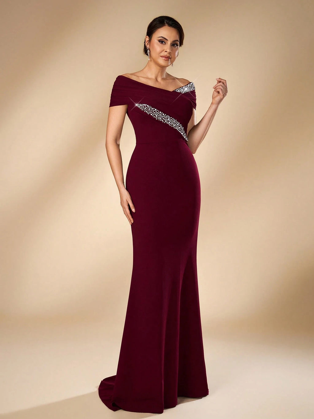 Serin Elegant Formal Burgundy Elastic Knit Off-Shoulder Asymmetrical Pleated Mermaid Bridal Mother Dress - image 7
