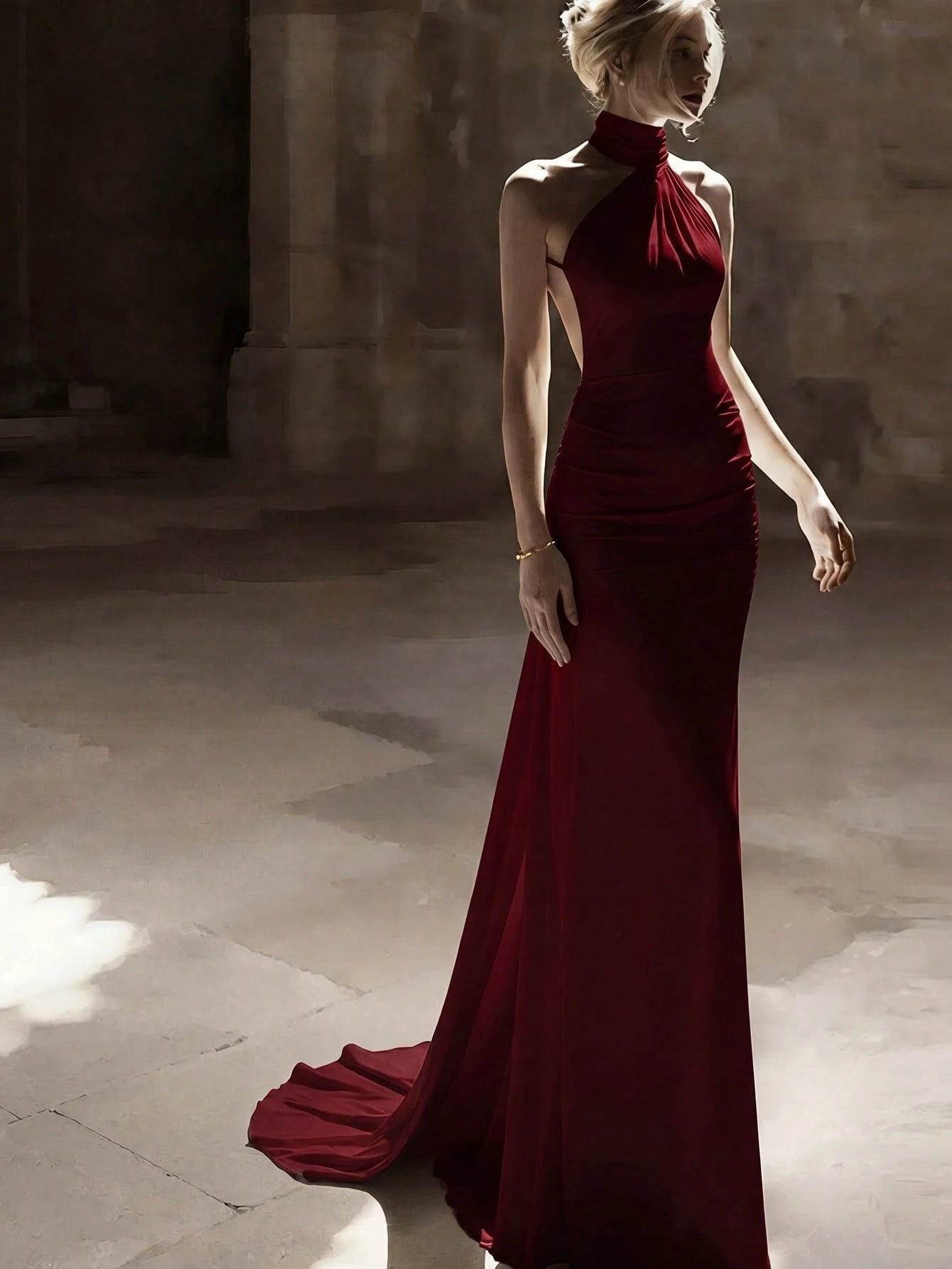 Basrey New Elegant Red Solid Color Halter Neck Button High Waist Satin Backless Cinched Waist Party Maxi - image 10