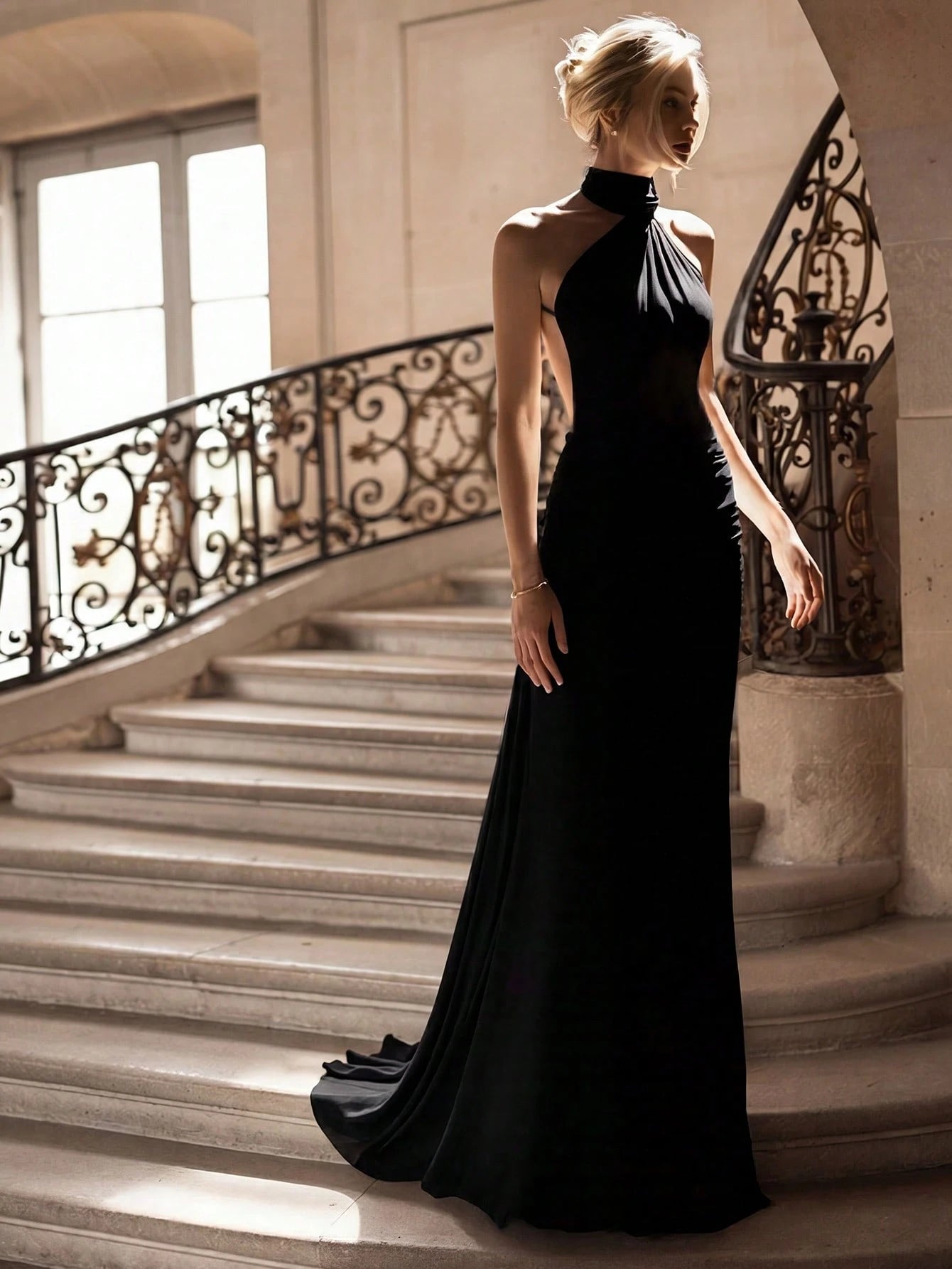Basrey New Elegant Red Solid Color Halter Neck Button High Waist Satin Backless Cinched Waist Party Maxi - image 4