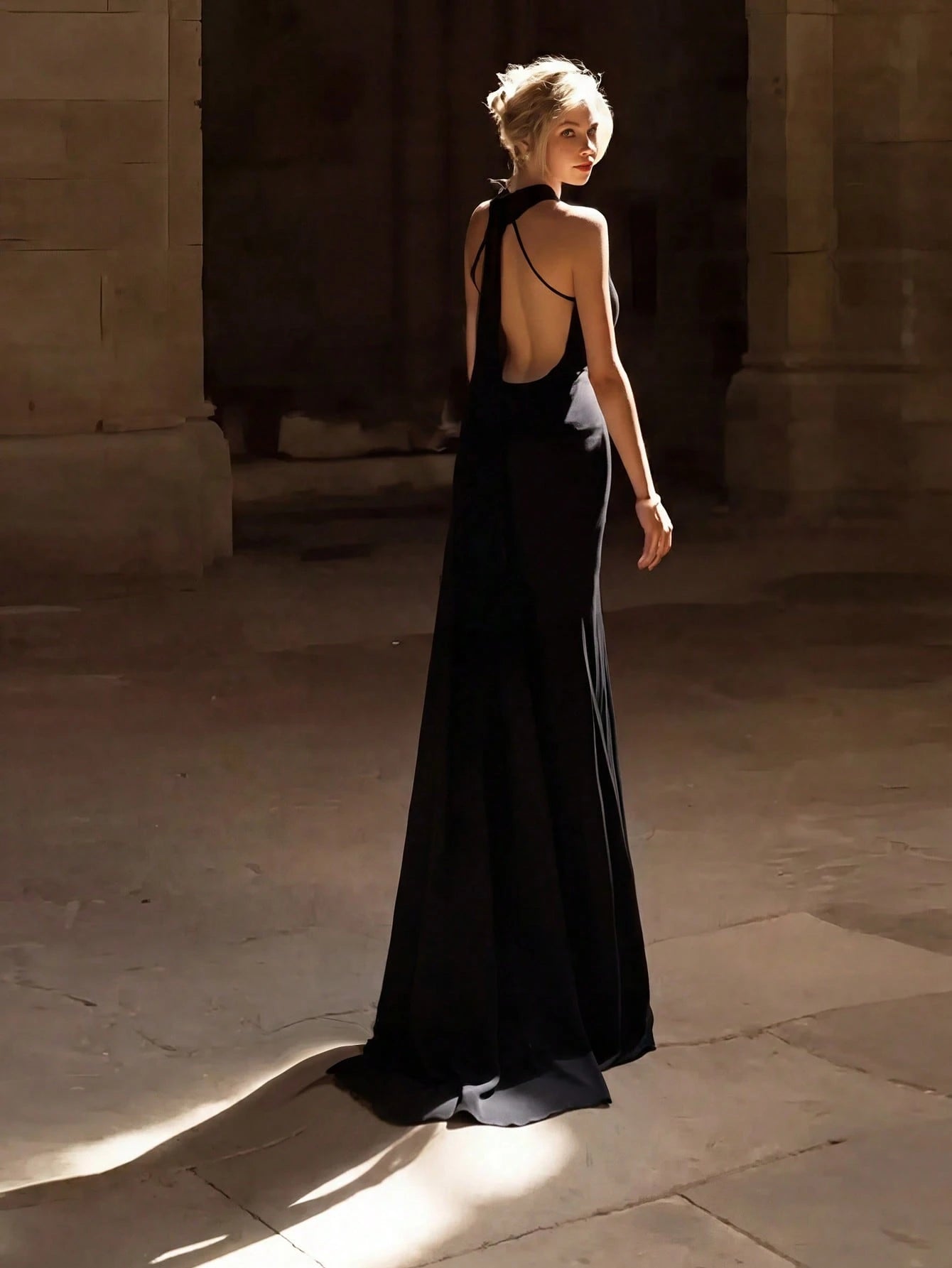 Basrey New Elegant Red Solid Color Halter Neck Button High Waist Satin Backless Cinched Waist Party Maxi - image 2