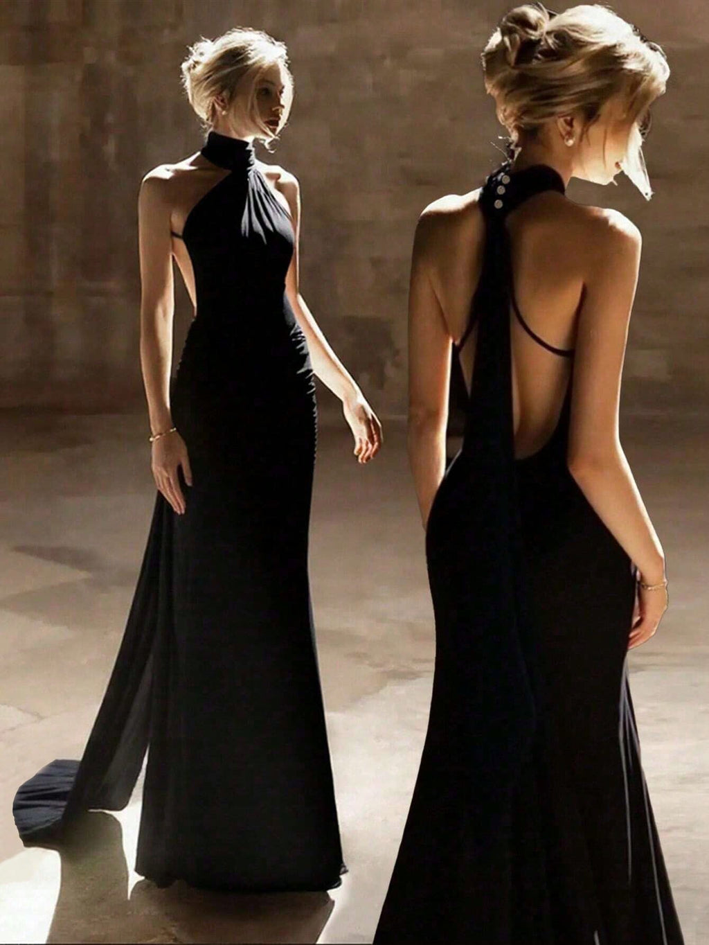 Basrey New Elegant Red Solid Color Halter Neck Button High Waist Satin Backless Cinched Waist Party Maxi