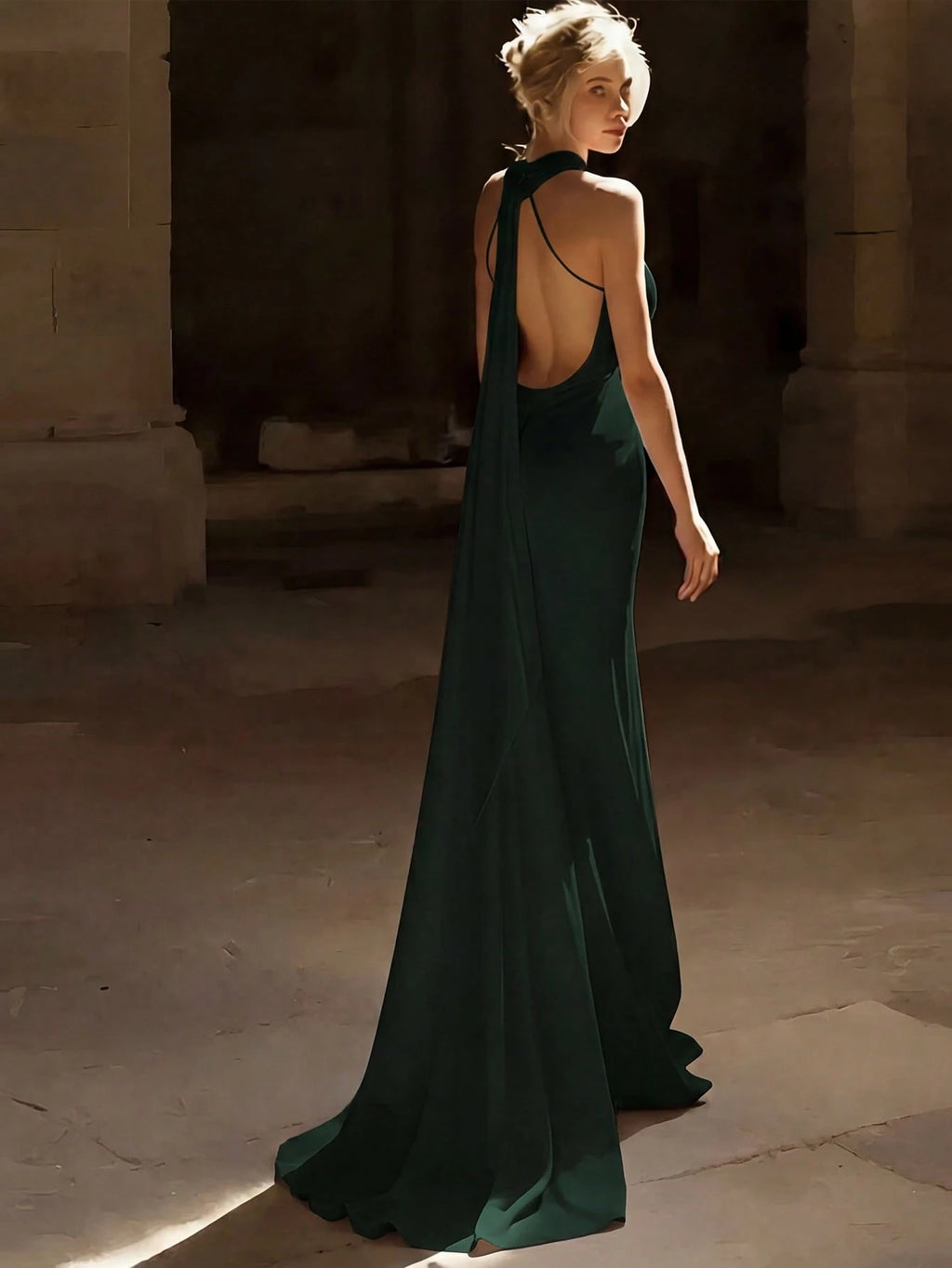 Basrey New Elegant Red Solid Color Halter Neck Button High Waist Satin Backless Cinched Waist Party Maxi - image 20