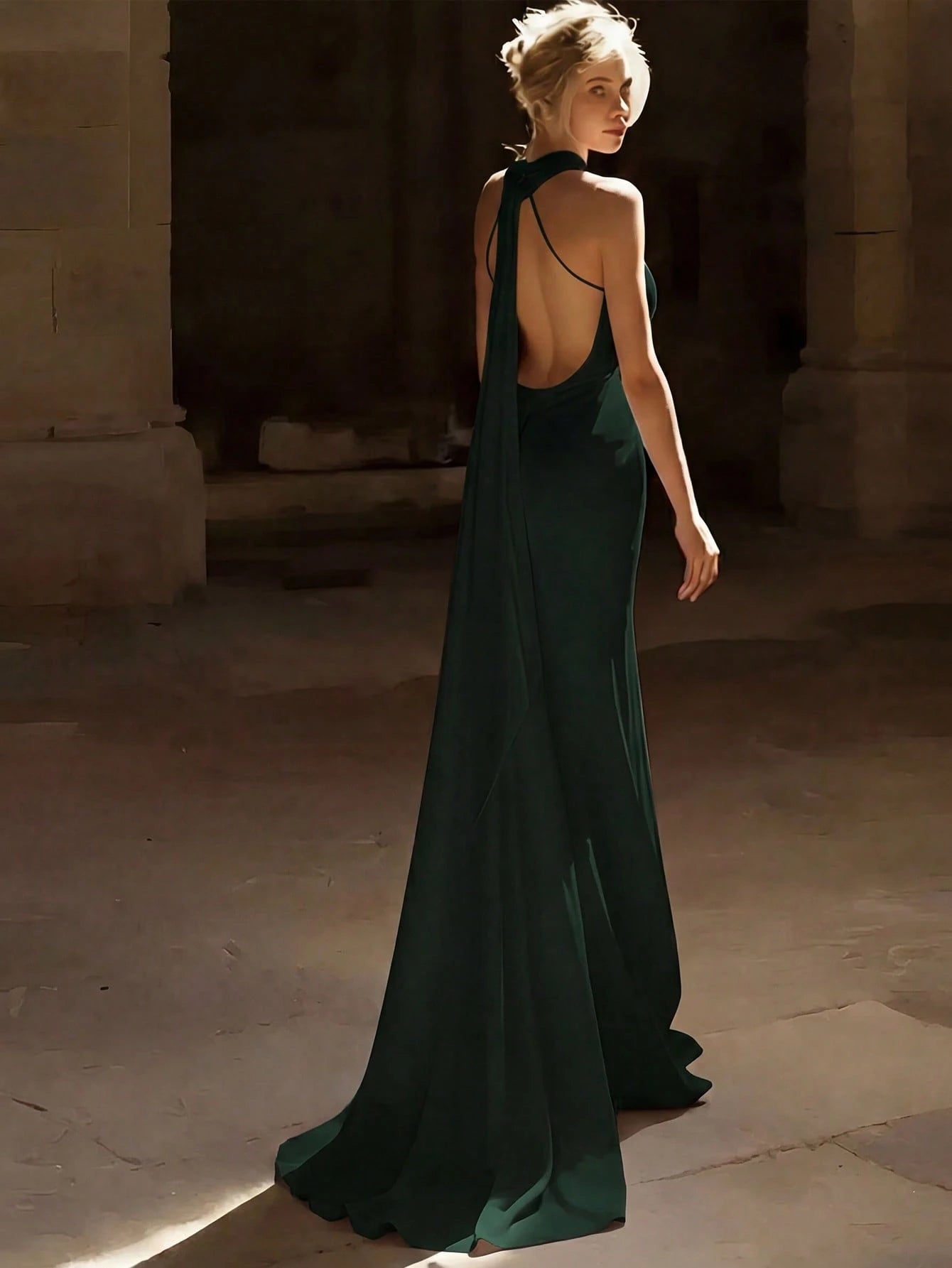 Basrey New Elegant Red Solid Color Halter Neck Button High Waist Satin Backless Cinched Waist Party Maxi - image 20