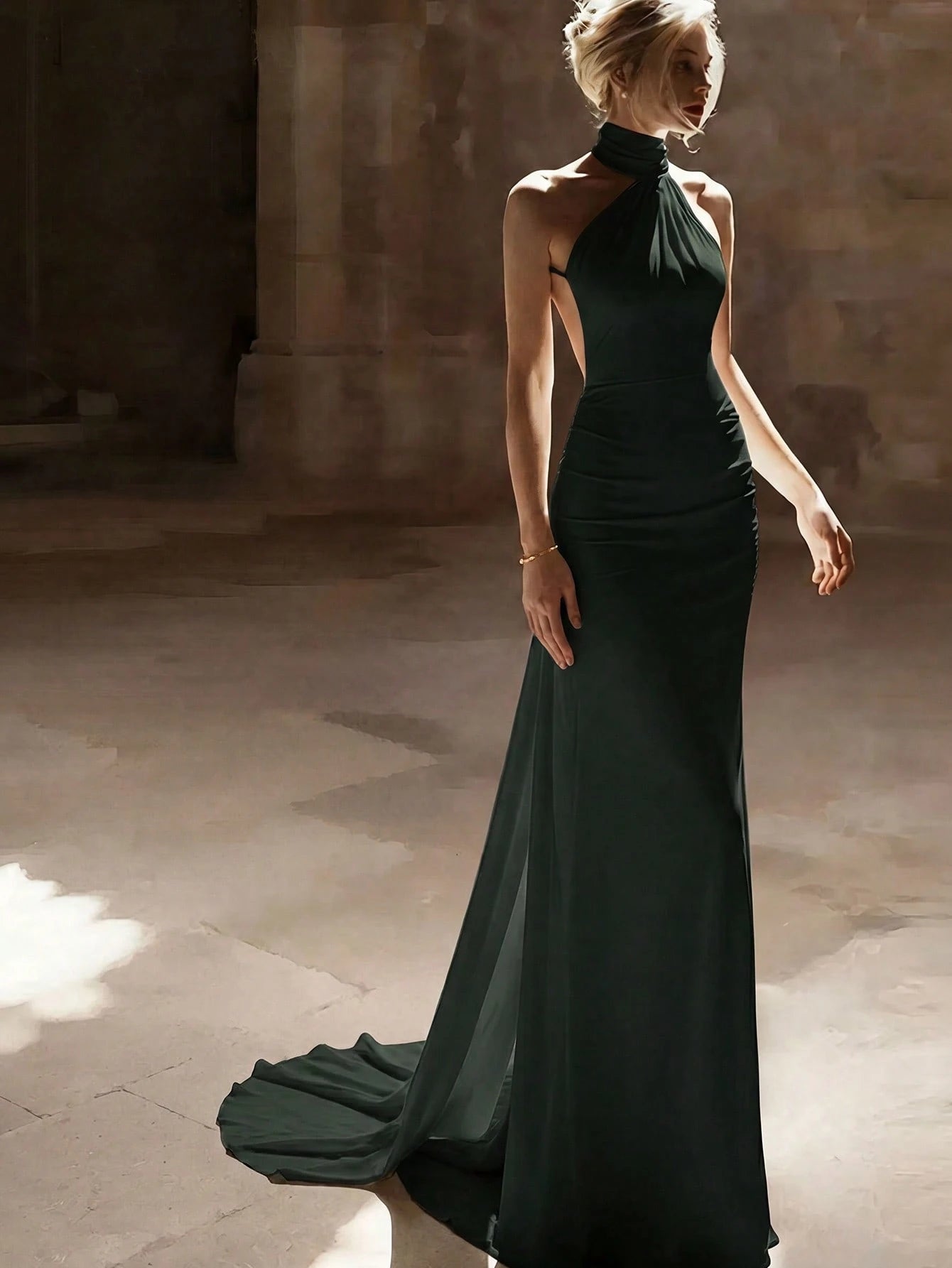 Basrey New Elegant Red Solid Color Halter Neck Button High Waist Satin Backless Cinched Waist Party Maxi - image 19